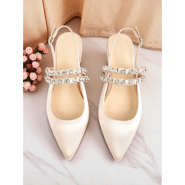  Women's Pointed Toe Satin Slingback Flats - Rhinestone Strap Elegant Shoes for Cocktail Parties and Evening Events