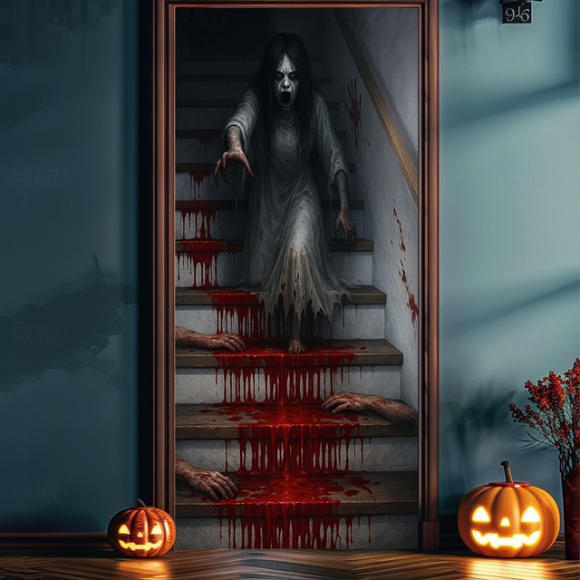  Halloween Door Covers 3D Blood Hand Step Door Tapestry Door Curtain Decoration Backdrop Door Banner for Front Door Farmhouse Holiday Party Indoor Outdoor Decor Supplies