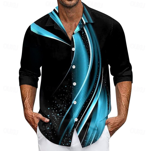  Men's Geometric Gradient Waves Shirt Button Up Shirt Casual Dress Shirt Long Sleeve Fashion Casual Vacation Daily Streetwear Summer Spring Turndown 3D Print Collared Shirts Black Blue Gold Dark Gray