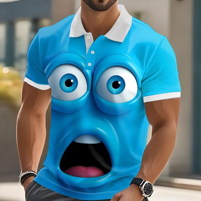  Men's Cartoon Funny Smile Face Polo Short Sleeve Polo Shirts Lapel Casual Funny Street Gift Athleisure Holiday 3D Print Buttons Summer Black White Blue