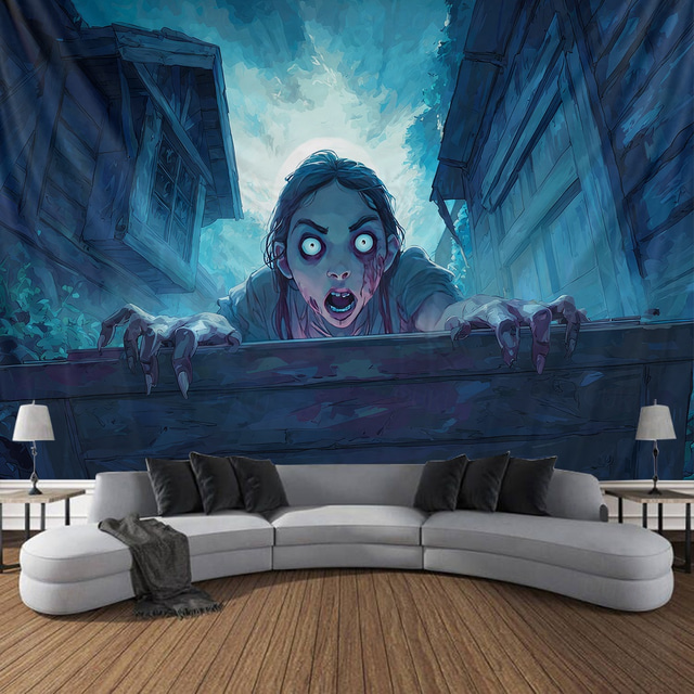  Halloween Hanging Tapestry Zombie Photograph Backdrop Jack O Lantern Wall Art Large Tapestry Mural Decor Blanket Curtain Home Bedroom Living Room Decoration Death Selfie