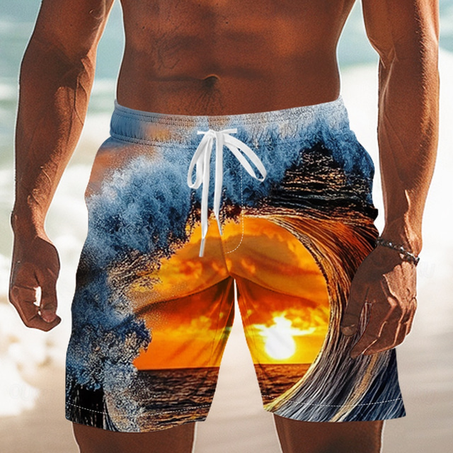  Men's Optical Illusion Ocean Sunset Swim Trunks Swim Shorts Board Shorts Mid Waist Streetwear Hawaiian Vacation Side Pockets Mesh Lining Elastic Drawstring Waist Designer Clothing Apparel