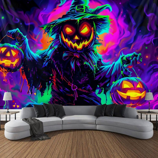  Halloween Blacklight Tapestry Skrämselgumma UV Reaktiv Glöda i Mörkret Skog Trippy Berg Disiga Gravplats Spöke Hängande Tapestry Väggkonst Mural för Vardagsrum Sovrum