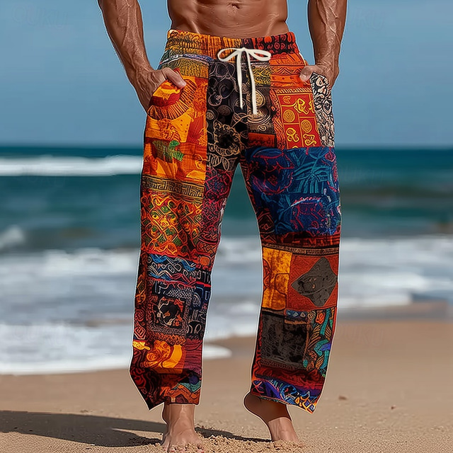  Men's Geometric Color Block Ethnic Trousers Baggy Pants Casual Pants Mid Waist Bohemian Vintage Retro Outdoor Vacation Elastic Drawstring Waist Linen-Like Pants with Pockets Summer Spring Fall 3D