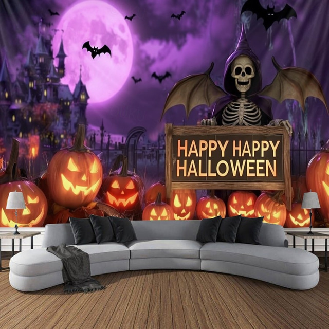  Halloween Blacklight Wandtapijt Schattig Spook Pompoen UV Reactief Glow in the Dark Bos Trippy Berg Mistige Begraafplaats Spook Hengende Wandtapijt Wanddecoratie Muurschildering voor Woonkamer