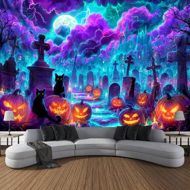  Halloween Schwarzlicht Wandteppich Schwarze Katze UV reaktiv Leuchtet im Dunkeln Wald Trippy Bergnebel Friedhof Geist Hängender Wandteppich Wandkunst Wandmalerei für Wohnzimmer Schlafzimmer