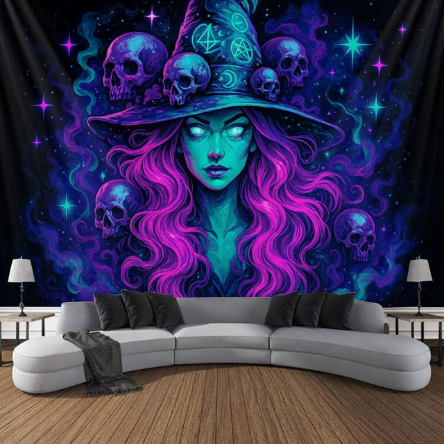 Halloween Schwarzlicht Wandteppich Flammen-Joker UV-reaktiv Leuchtend im Dunkeln Wald Trippy Bergnebel Friedhof Geist Hängender Wandteppich Wandkunst Wandmalerei für Wohnzimmer Schlafzimmer