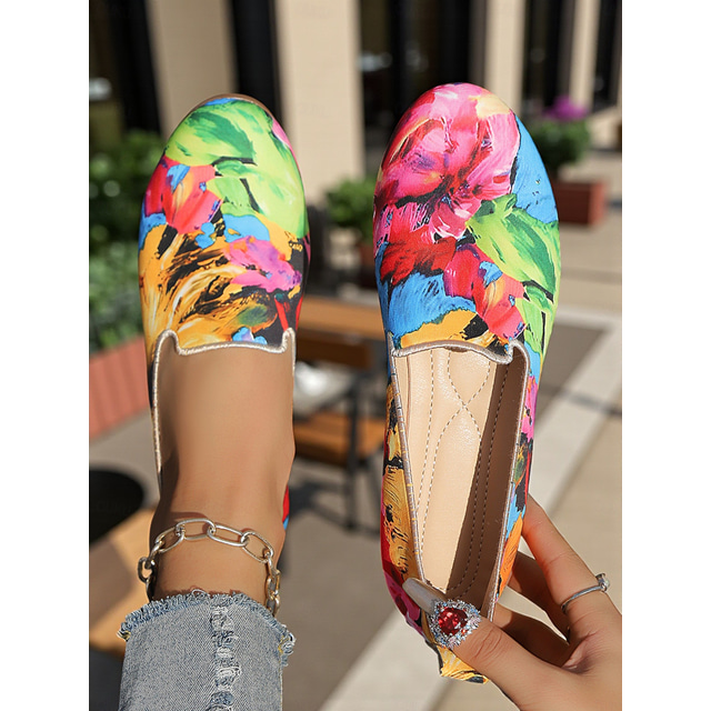  Women's Colorful Floral Canvas Slip-On Flats – Lightweight Round Toe Casual Loafers, Artistic Comfort Shoes for  Walks, Travel, and Daily Wear