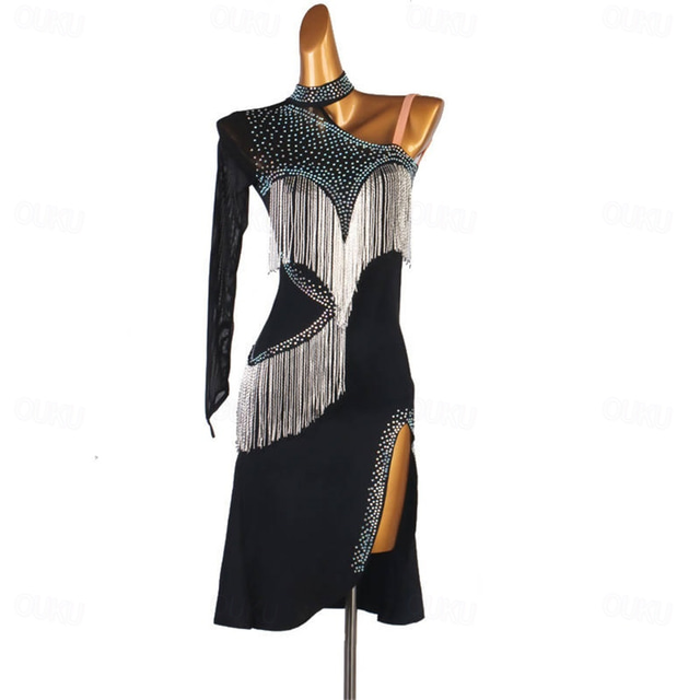  Women's Black Dance Dress – Intricate Appeal Design, Fringe/Sequin Detail, Perfect for Latin & Ballroom Performance, Practice & Stage Shows