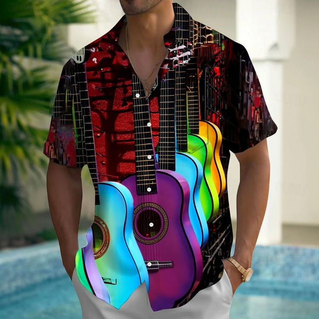  Bărbați Chitară Instrument muzical Cămașă Cămașă de vară Camașă cu nasturi Manșon scurt Vintage Retro În aer liber Vacanță Zilnice Vară Primăvară Răsfrânt Imprimare 3D cămăși cu guler Un buzunar