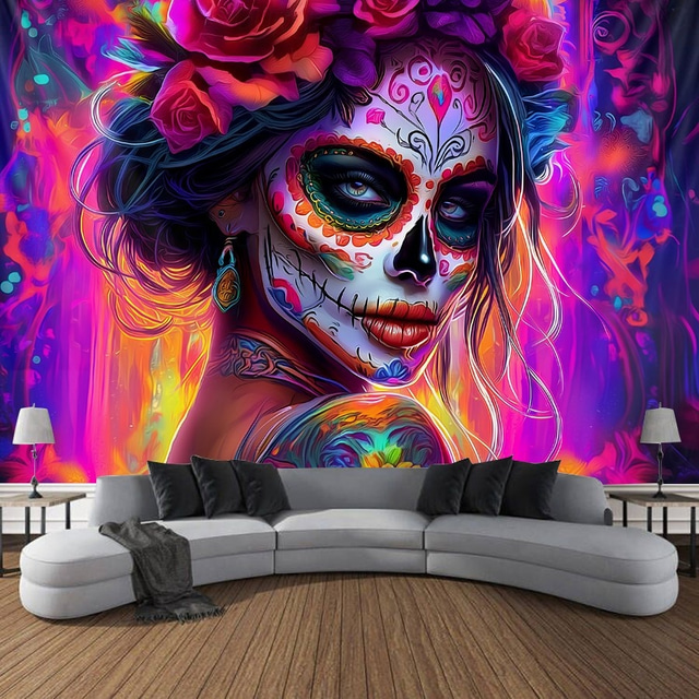  Halloween Schwarzlicht Zuckerskelett Braut Wandteppich UV-reaktiv Leuchten im Dunkeln Wald Trippy Bergnebel Friedhof Geist hängender Wandteppich Wandkunst Wandmalerei für Wohnzimmer Schlafzimmer