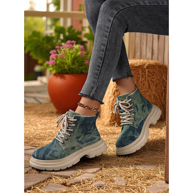  Women’s Tie-Dye Denim Combat Boots – Chunky Lace-Up Streetwear Ankle Boots for Fall Hiking, Farm Days & Urban Outfits