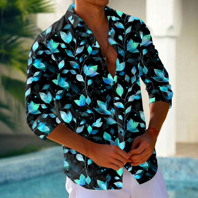  Men's Leaf Neon Glow Shirt Button Up Shirt Long Sleeve Fashion Casual Holiday Streetwear Summer Spring Turndown 3D Print Collared Shirts Pink Blue Purple Green