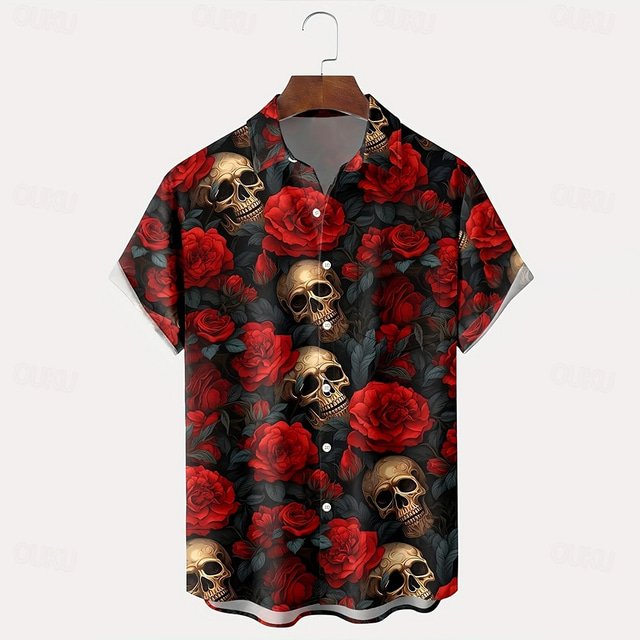  Men's Halloween Costumes Day of the Dead Rose Shirt Summer Shirt Button Up Shirt Short Sleeve Dark Punk Gothic Style Holiday Streetwear Summer Turndown 3D Print Front One Pocket Linen Like Shirt Black
