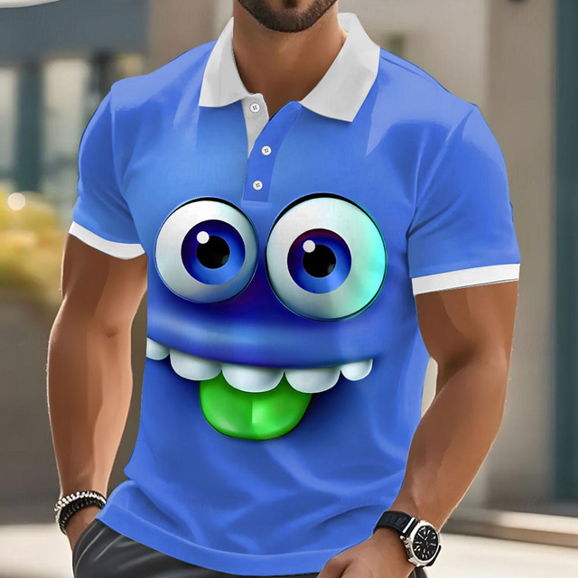  Men's Cartoon Funny Smile Face Polo Short Sleeve Polo Shirts Lapel Ugly Casual Resort Outdoor Street Gift Athleisure 3D Print Buttons Summer Black Blue Purple