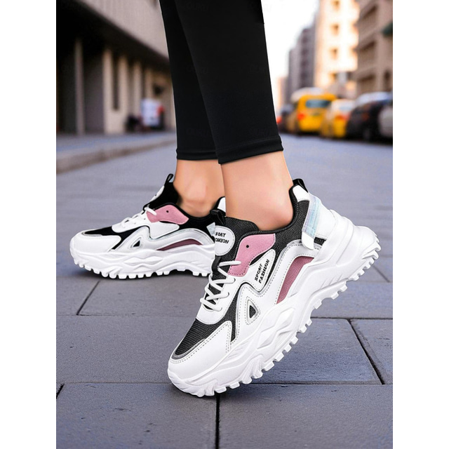  Women's Chunky White and Green Sneakers – Breathable Mesh Lace-Up Platform Trainers, Casual Sport Running Shoes for Walking, Travel and Streetwear