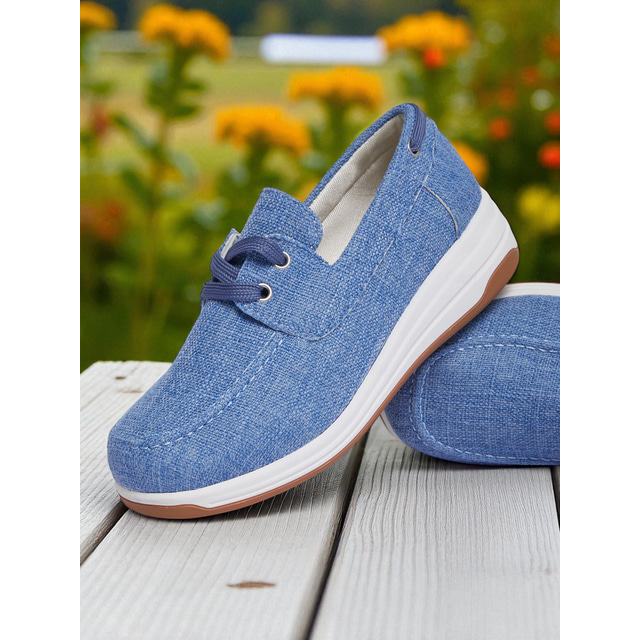  Women’s Blue Lace-Up Fabric Sneakers – Comfortable Casual Shoes for Outdoor Walks, Country Living and Farm Visits