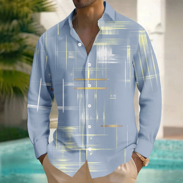  Men's Geometric Gradient Line Shirt Button Up Shirt Long Sleeve Fashion Casual Outdoor Daily Streetwear Spring Fall Turndown 3D Print Front One Pocket Linen Like Shirt Black Pink Blue Gray