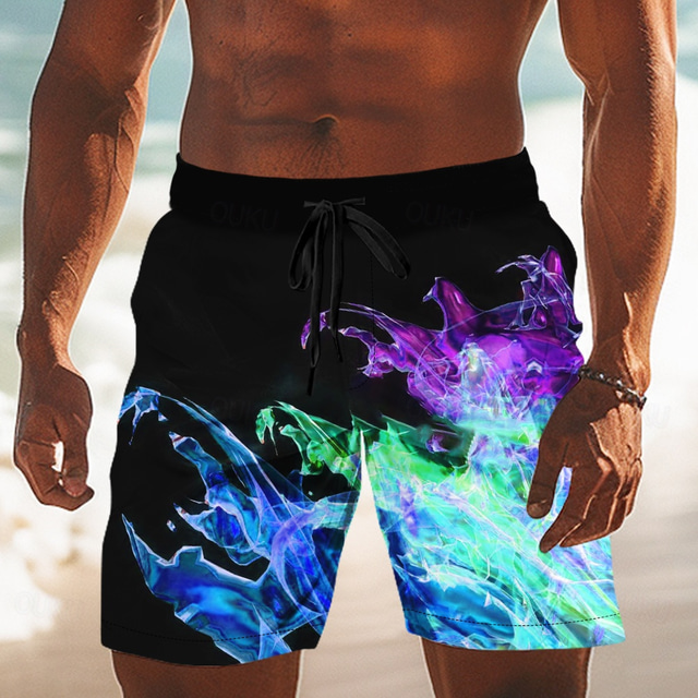  Men's Colorful Flame Swim Trunks Swim Shorts Board Shorts Mid Waist Casual Outdoor Vacation Dailywear Side Pockets Mesh Lining Elastic Drawstring Waist Designer Clothing Apparel