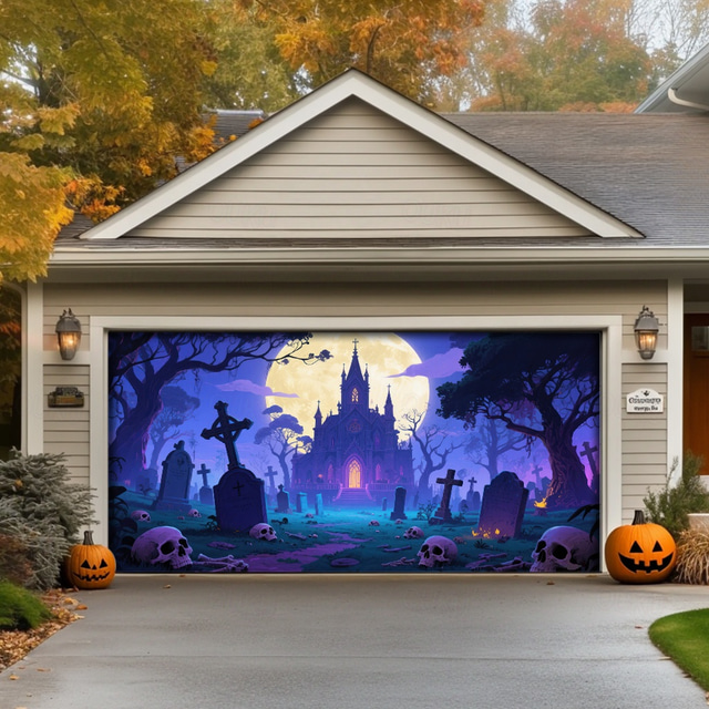  Halloween Outdoor Garage Door Cover Cemetery Skeletons Banner Large Tapestry Backdrop Decoration for Holiday Outdoor Garage Door Home Wall Decorations