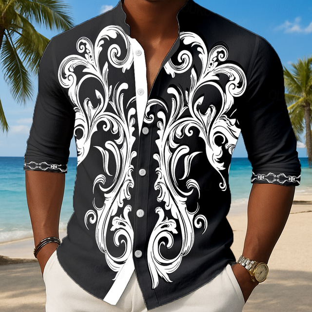  Men's Paisley Floral Print Flowers Shirt Button Up Shirt Stand Collar Shirt Long Sleeve Ethnic Vintage Retro Outdoor Vacation Daily Spring Fall Mandarin Collar Band Collar 3D Print Linen Like Shirt