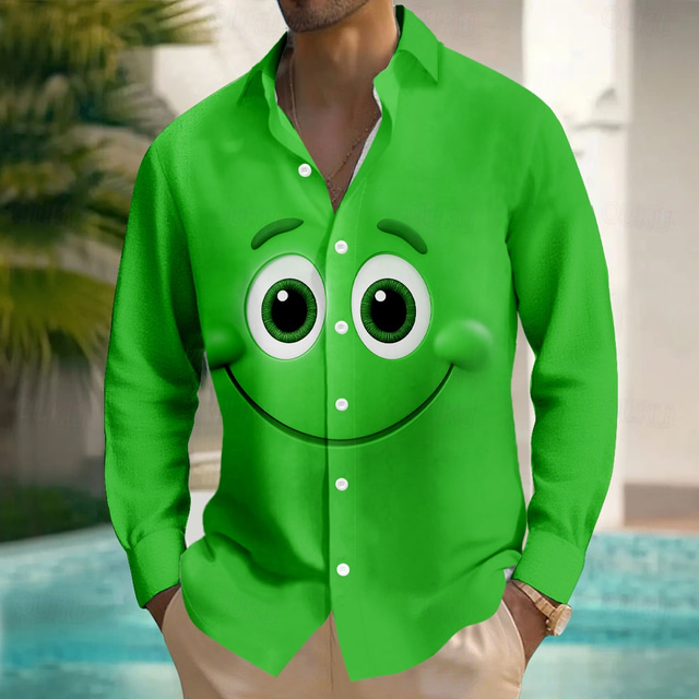  Men's Cartoon Funny Smile Face Shirt Button Up Shirt Long Sleeve Fashion Casual Outdoor Daily Streetwear Spring Fall Turndown 3D Print Front One Pocket Linen Like Shirt Purple Orange Green Dark Blue