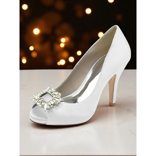  Women's Satin Peep Toe Pumps with Crystal Buckle - Classic High Heel Dress Shoes for Ladies, Perfect for Cocktail Parties and Evening Occasions