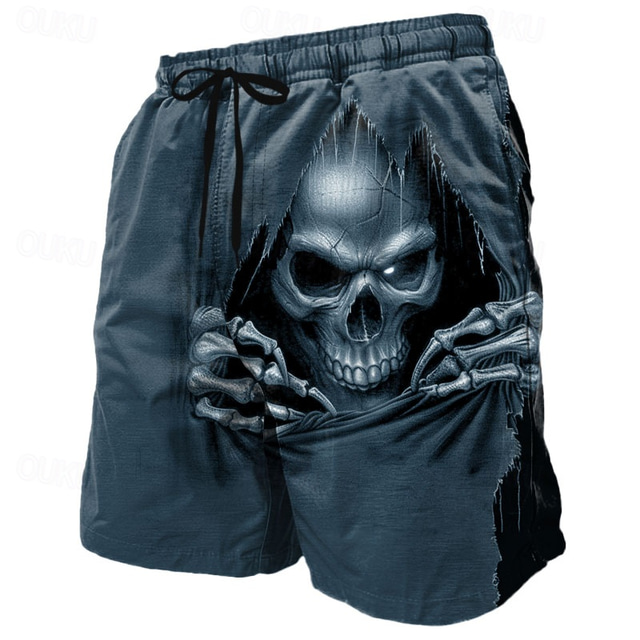  Men's Skull Death Halloween Costumes Swim Trunks Swim Shorts Board Shorts Mid Waist Dark Punk Gothic Style Holiday Streetwear Side Pockets Mesh Lining Elastic Drawstring Waist Designer Clothing
