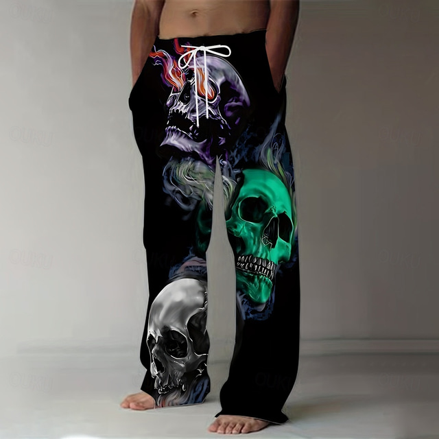  Men's Halloween Costumes Skulls Trousers Baggy Pants Casual Pants Mid Waist Dark Gothic Style Holiday Streetwear Elastic Drawstring Waist Linen-Like Pants with Pockets Summer Spring 3D Print Black 1