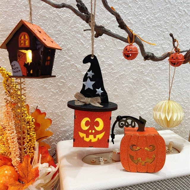 Halloween Decor, Pumpkin Wooden Block, Ghost Tabletop Decorative Sign and Centerpieces - Black and Orange for Home Party Table Shelf Office