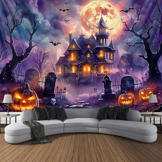  Halloween Blacklight Tapestry Haunted House UV Reactive Glow in the Dark Forest Trippy Mountain Misty Graveyard Ghost Hanging Tapestry Wall Art Mural for Living Room Bedroom