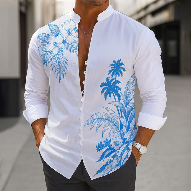  Herren Kokospalme Tropische Pflanzen Hemd Alohahemd Stehkragenhemd Langarm Hawaiianisch Urlaub Alltagskleidung Ausgehen Frühling Herbst Mandarinkragen Stehkragen Button-Down Leinenähnliches Hemd Blau