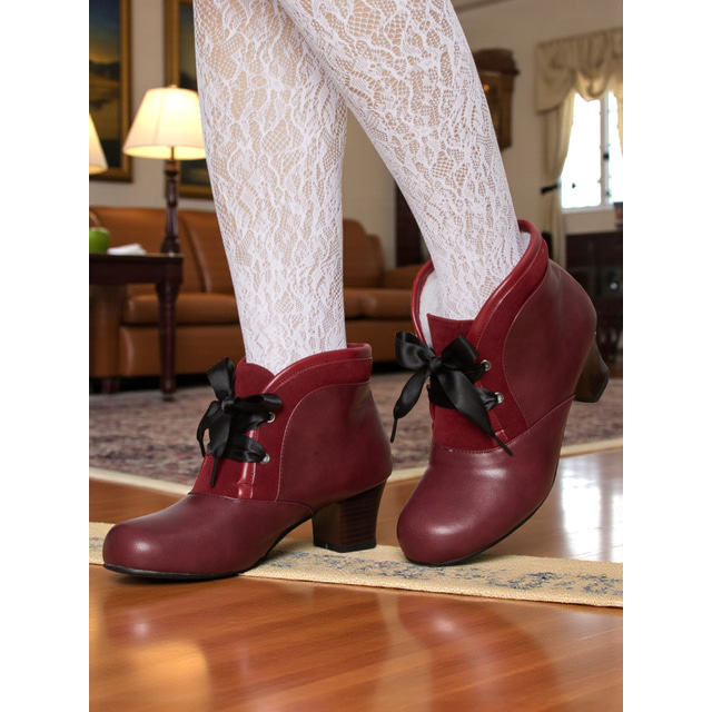  Women's 1900s Victorian-Inspired Burgundy Ankle Boots – Faux Leather Lace-Up Heeled Booties with Ribbon Bow for Daily Wear & Vintage Outfits