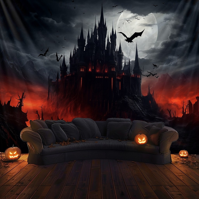 Halloween Hanging Tapestry Horror Castle Photograph Backdrop Jack O Lantern Wall Art Large Tapestry Mural Decor Blanket Curtain Home Bedroom Living Room Decoration Death Selfie