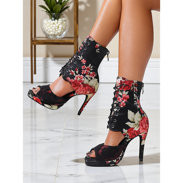  Women's Floral Dance Boots - Satin Peep Toe High Heel Professional Latin Ballroom Shoes with Elegant Rose Print, Ideal for Salsa, Tango and Stage Performances