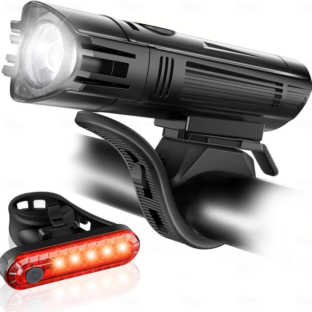 Ultra Bright USB Rechargeable Bike Light Set, Powerful Bicycle Front Headlight and Back Taillight, 4 Light Modes, Easy to Install for Men Women Kids Road Mountain Cycling Black