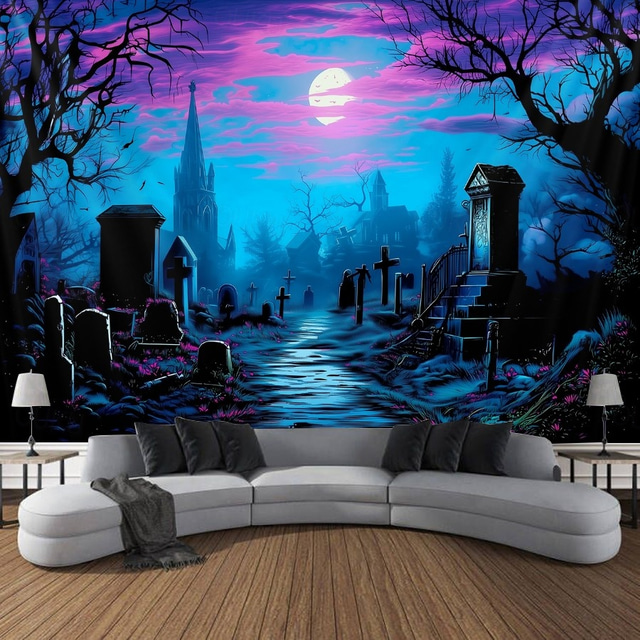  Halloween Svartlysvev Gravplass UV Reaktiv Glød i Mørket Skog Trippy Fjell Tåkete Gravlund Spøkelse Hengende Tapestry Veggkunst Mural Stue Soverom