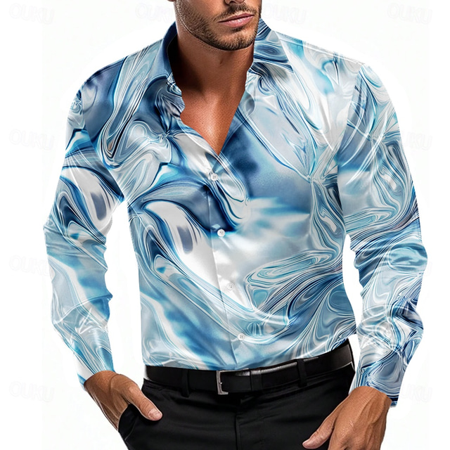  Men's Marble Gradient Color Abstract Liquid Art Shirt Satin Shirt Dress Shirt Long Sleeve Fashion Casual Vacation Dailywear Summer Spring Fall Turndown 3D Print Button Up Shirts Red Blue Purple Light