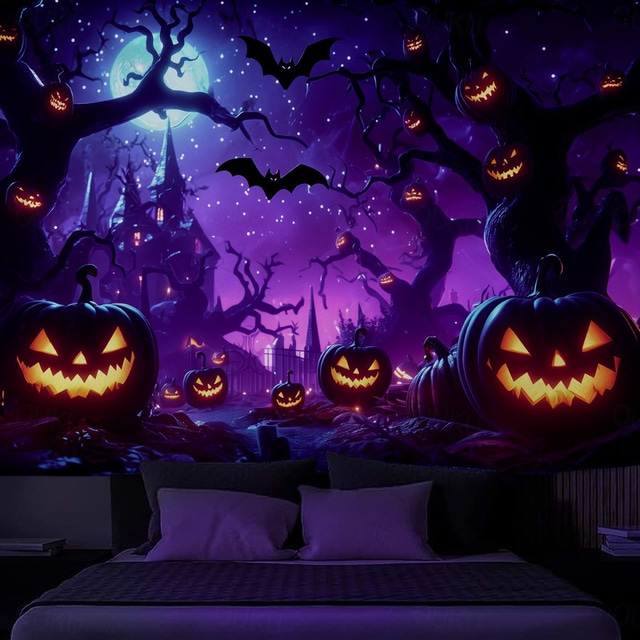  Halloween Sortlys Veggteppe – UV Reaktiv Spøkelsessti Neonfarger Skummel Skog Scene Glød i Mørket Gotisk Bakgrunn 2025 Halloween Fest Dekorasjon