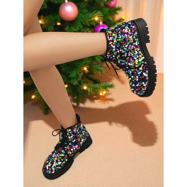  Women's Sequin Lace-Up Ankle Boots - Glitter Combat Style Party Shoes for Nightlife, Clubs, and Holiday Events