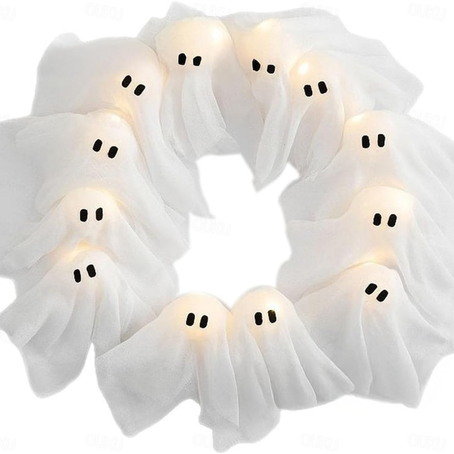  Halloween Ghost Wreath, 12 LED Light-Up White Ghost Garland, Spooky Indoor & Outdoor Hanging Decoration for Front Door, Wall, Party, Battery-Powered Halloween Decor, Holiday Spooky Garland