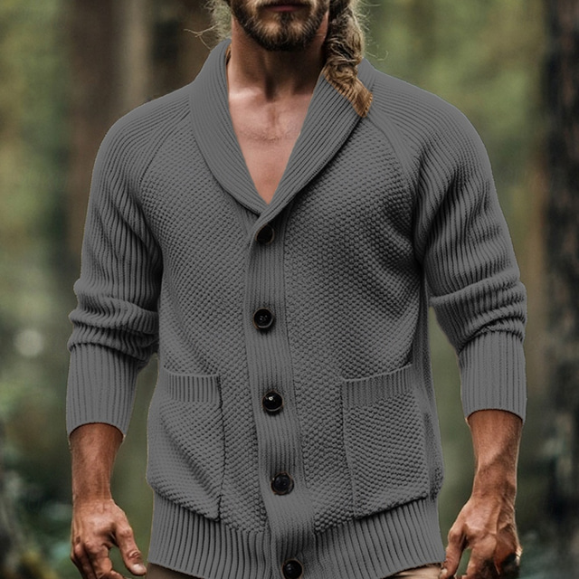  Муж. Кардиган Укороченный свитер Вязаный свитер Кардиган Куртка Рельефный узор Укороченный трикотаж Вязать Обычные топы Карман Сплошной/однотонный цвет Шалевый Мода Классика Отпуск На каждый день