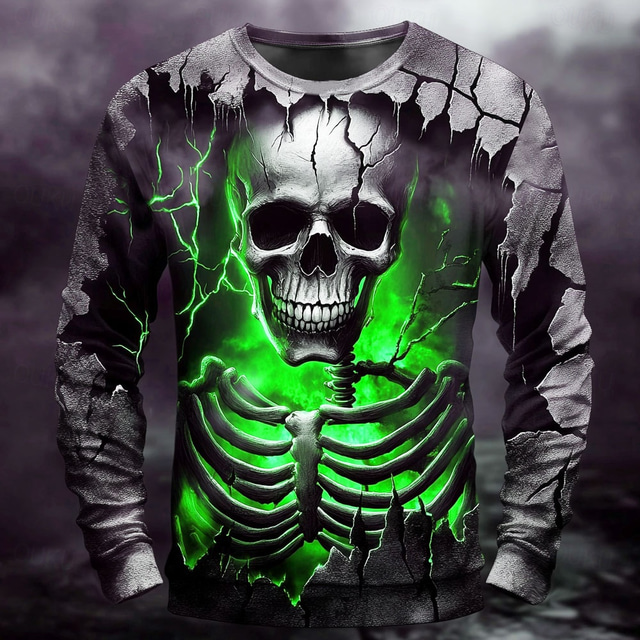 Maglietta Uomo Halloween Con Scheletro - Maniche Lunghe, Stampa 3D, Girocollo, Taglie Asiatiche