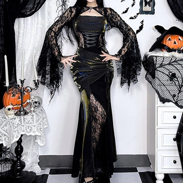  Góticas Maxi Vestidos Blusa Shrug Sino Bruxa Mortícia Addams Renda Veludo Floral Fantasia Mulheres Fantasia Dia Das Bruxas Carnaval Espetáculo Festa Adulto Blusa Vestido