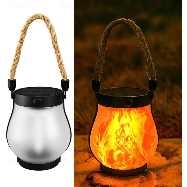  Flickering Flame Solar Lanterns, Dancing Flame Solar Lantern Outdoor Lights, Automatic Light Sensor, Waterproof Hanging Lantern for Pathway Yard Patio Porch Garden Decor