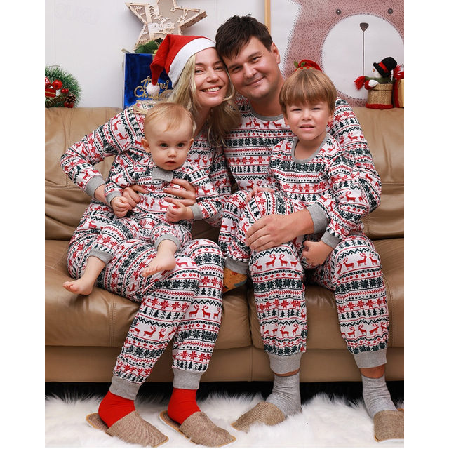  Family Pajamas Christmas Pattern Home Print Red Long Sleeve Active Matching Outfits