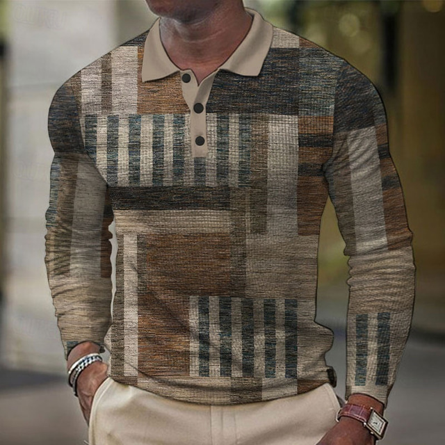  Men's Plaid Waffle Polo Shirts Golf Shirt Long Sleeve Polo Shirts Collared Shirts Casual Vacation Wear Formal Wear Festival Wear Buttons 3D Print Spring Fall Winter Brown