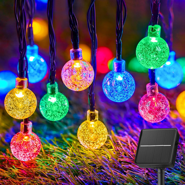  Șiruri de lumini cu bulbi solari în aer liber 50 LED-uri 7m lumini cu bilă de cristal 6.5m 30 LED-uri impermeabile IP65 8 modele lumini de fantezie solare ghirlande de grădină decor