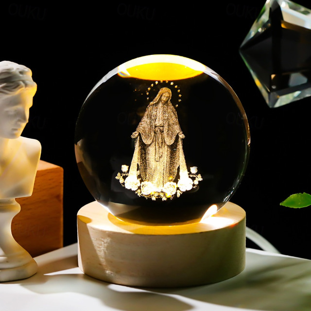  3D Crystal Virgin Mary Statue Figurine with Wooden Base,Christmas Gift,Laser Etched Crystal Our Lady of Guadalupe Glass Sphere Statue, Mary Christian Catholic Religious Easter Gifts