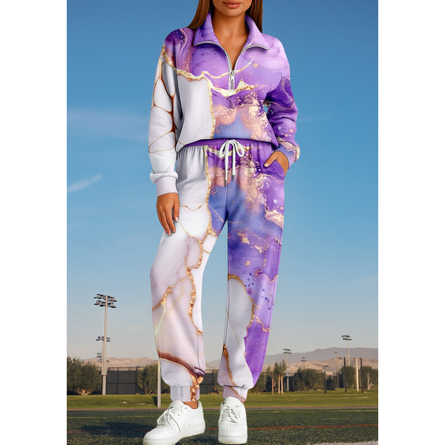  Women's Sweatshirt Tracksuit 2 Piece Tracksuit Drawstring Zip Up Geometry Clothing Suit Fall Purple Vocation Outdoor Travel Lightweight Fashion Long Sleeve Sport Activewear Stretchy Regular Fit